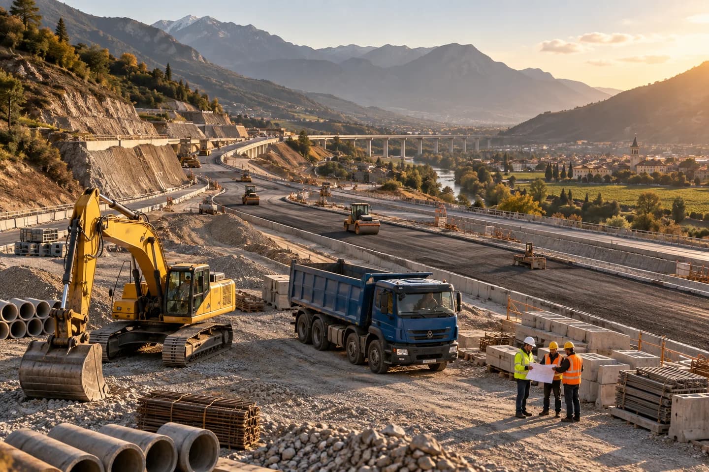 Grande cantiere stradale con mezzi d’opera e professionisti che esaminano i progetti.